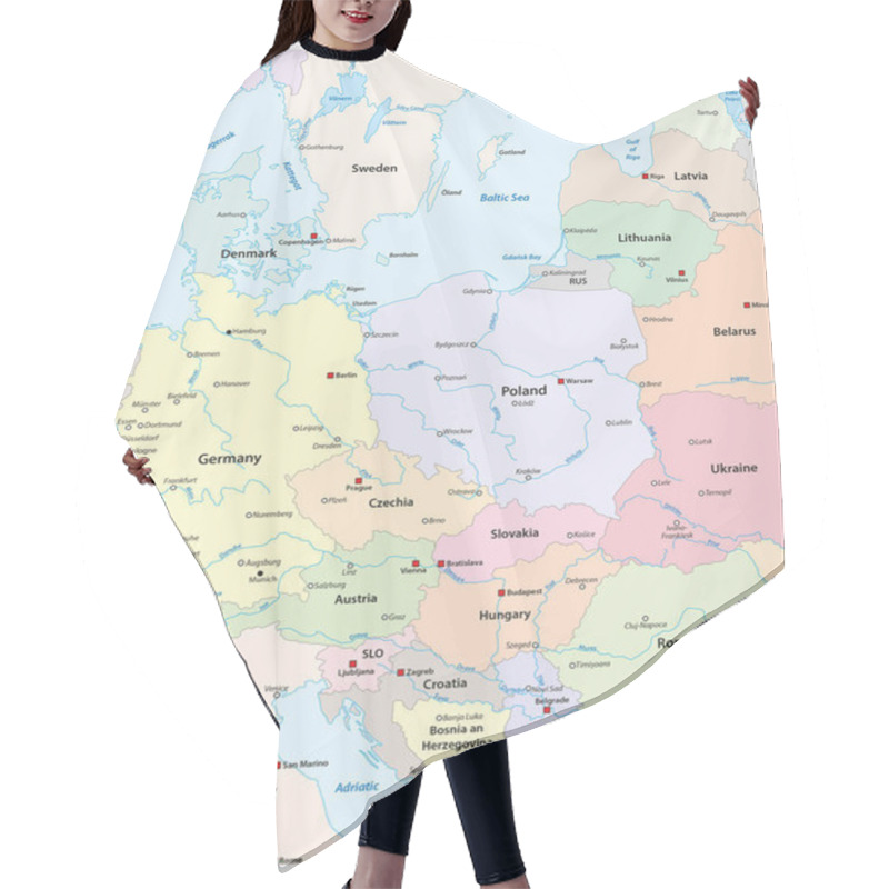 Personality  Map Of Central Europe With The Most Important Cities And Rivers Hair Cutting Cape