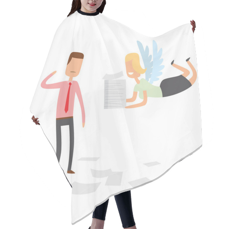 Personality  Businessman And Office Angel Woman With Stack Of Papers Hair Cutting Cape