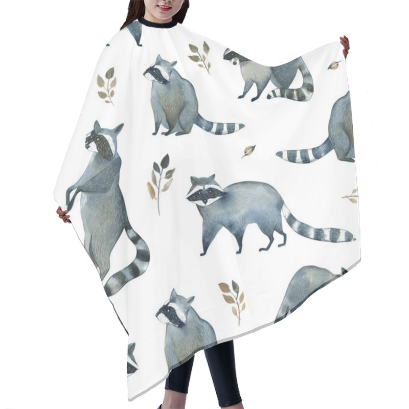 Personality  Watercolor Illustration Of Gray Wild Raccoon And Leaves On White Background. Realistic Forest Animal Sketch. Seamles Pattern About Many Of Raccoons Hair Cutting Cape