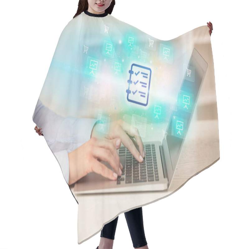 Personality  Businessman Working On Laptop With New Business Hair Cutting Cape