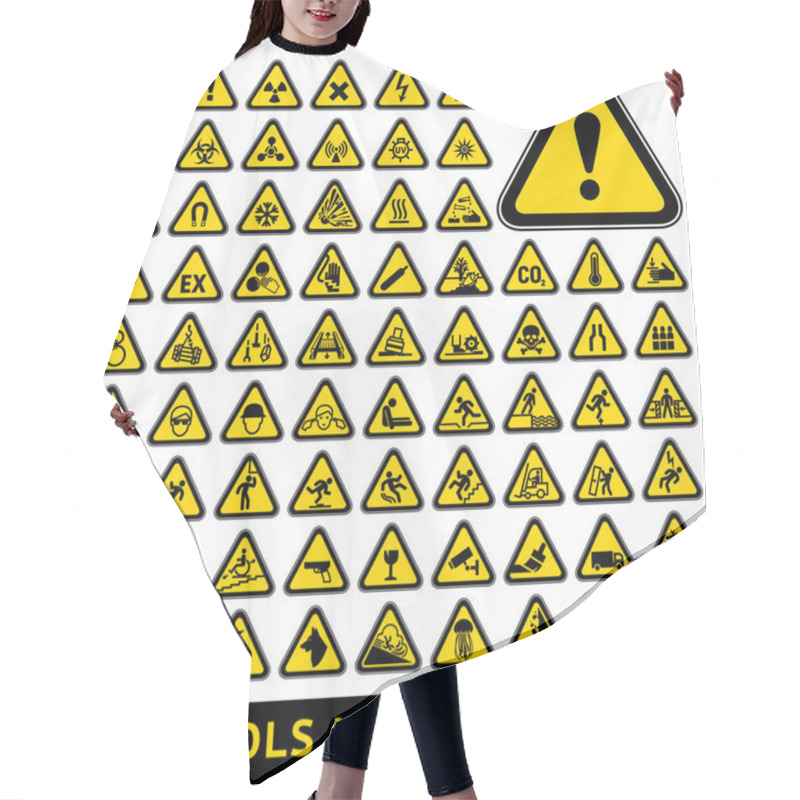 Personality  Triangular Warning Hazard Symbols. Big Yellow Set Hair Cutting Cape