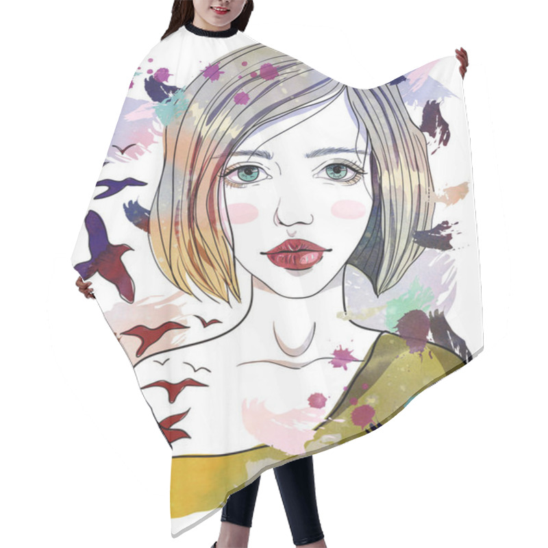 Personality  Portrait Of A Girl With A Birds Tattoo. The Girl-bird With Blond Hair On Abstract Background. Fashion Illustration Hair Cutting Cape