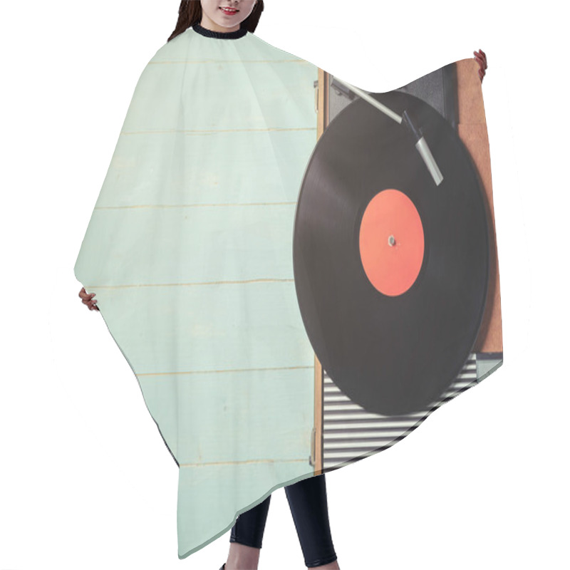 Personality  Vintage Gramophone With A Vinyl Record On Rustic Wooden Table, Top View And Copy Space. Hair Cutting Cape