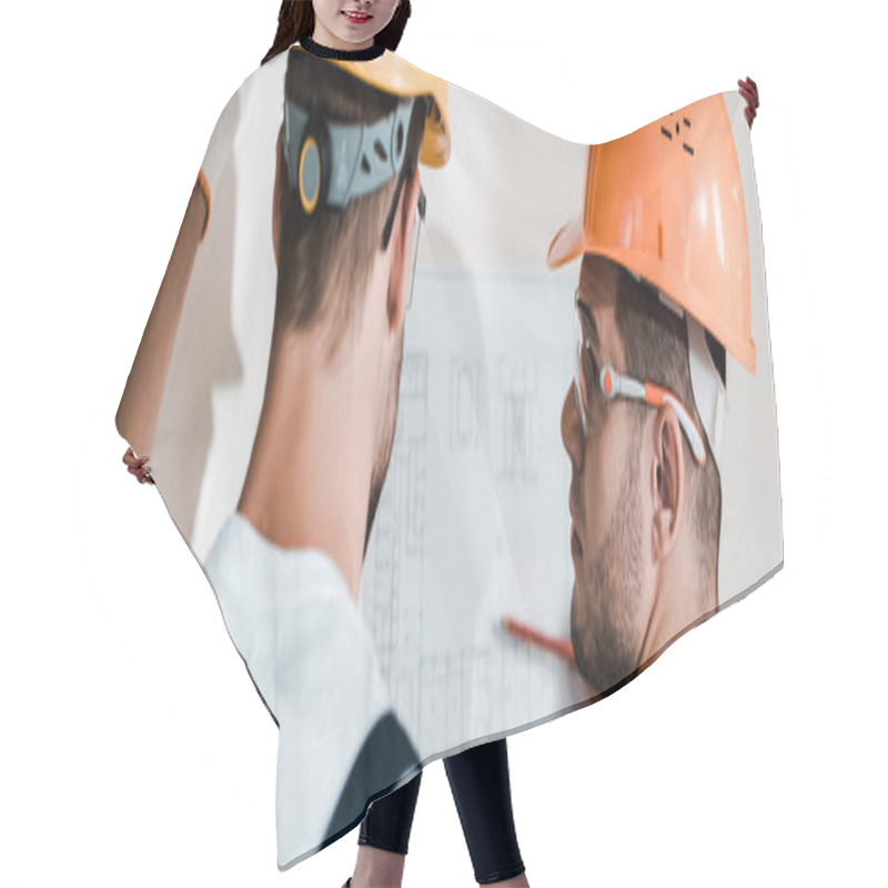 Personality  Panoramic Shot Of Architects In Helmets Looking At Blueprint  Hair Cutting Cape