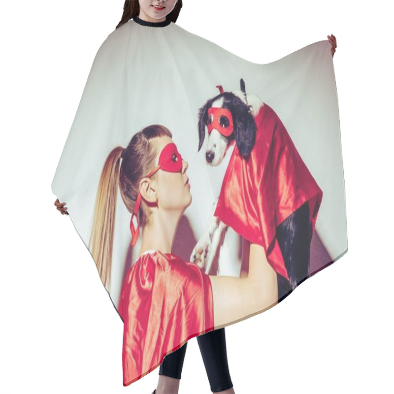 Personality  Side View Of Young Woman And Puppy In Superhero Costumes Hair Cutting Cape