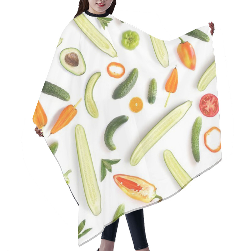 Personality  Seamless Pattern Of Fresh Tomatoes, Peppers, Avocados, Cucumbers And Green Basil Isolated On White Background, Top View Hair Cutting Cape