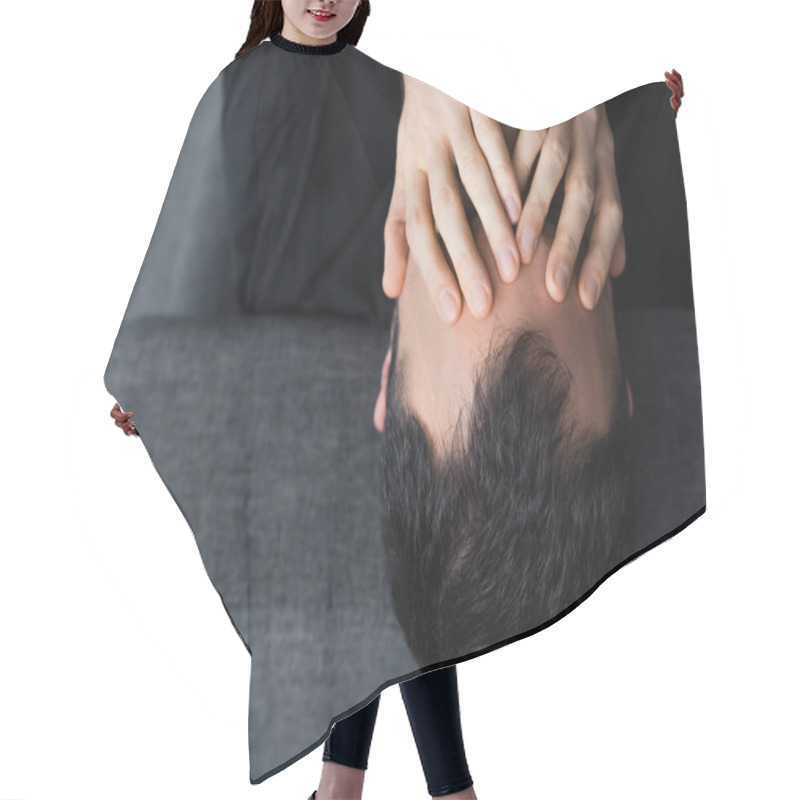 Personality  Overhead View Of Short Haired Depressed Man Holding Hands On Face Hair Cutting Cape