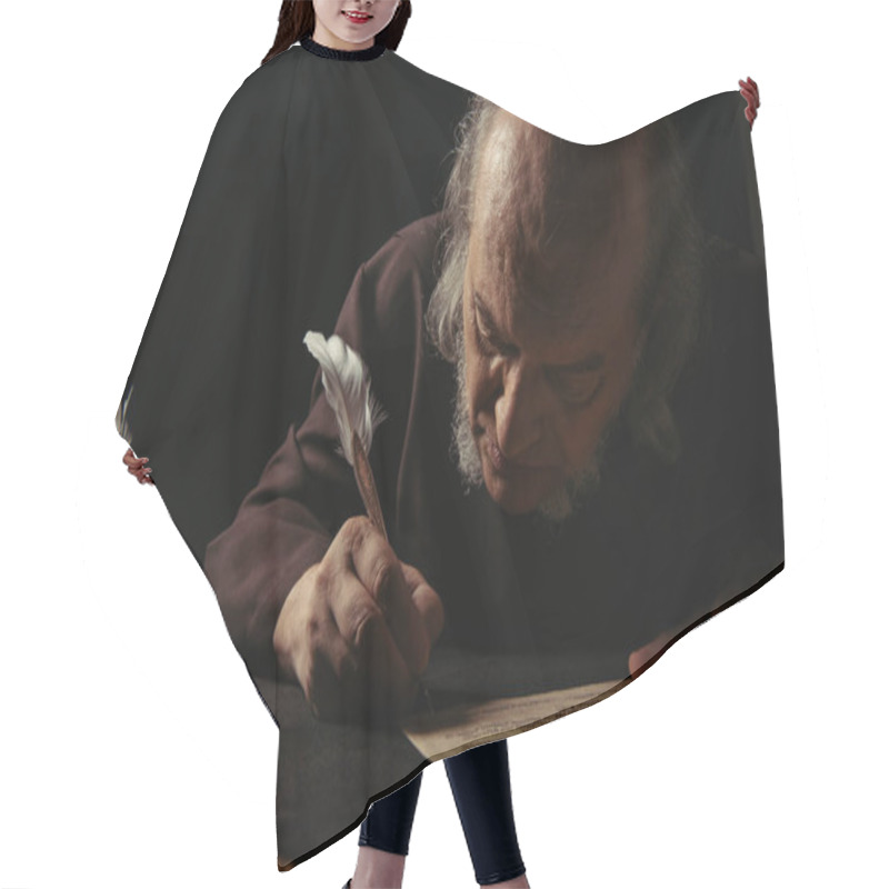 Personality  Medieval Chronicler Writing Manuscript With Feather Pen Isolated On Black Hair Cutting Cape