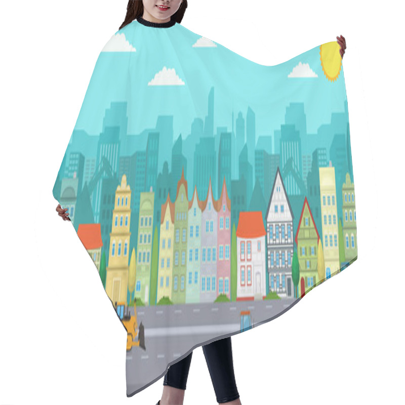 Personality    Vector Poster Overlooking The European City. A City With Skyscrapers And Working Machines. City Street. Hair Cutting Cape