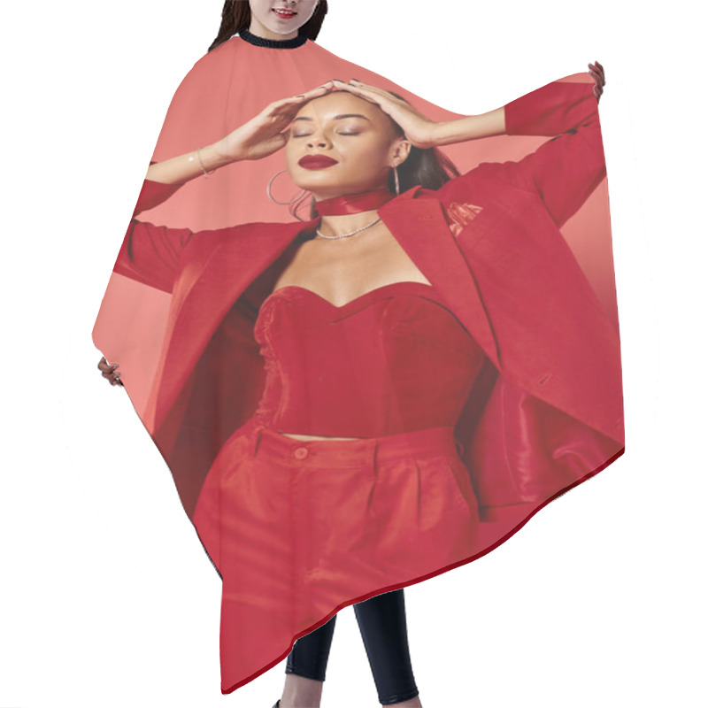 Personality  Attractive African American Woman With Ponytail Posing In Suit With Hand On Head On Red Backdrop Hair Cutting Cape