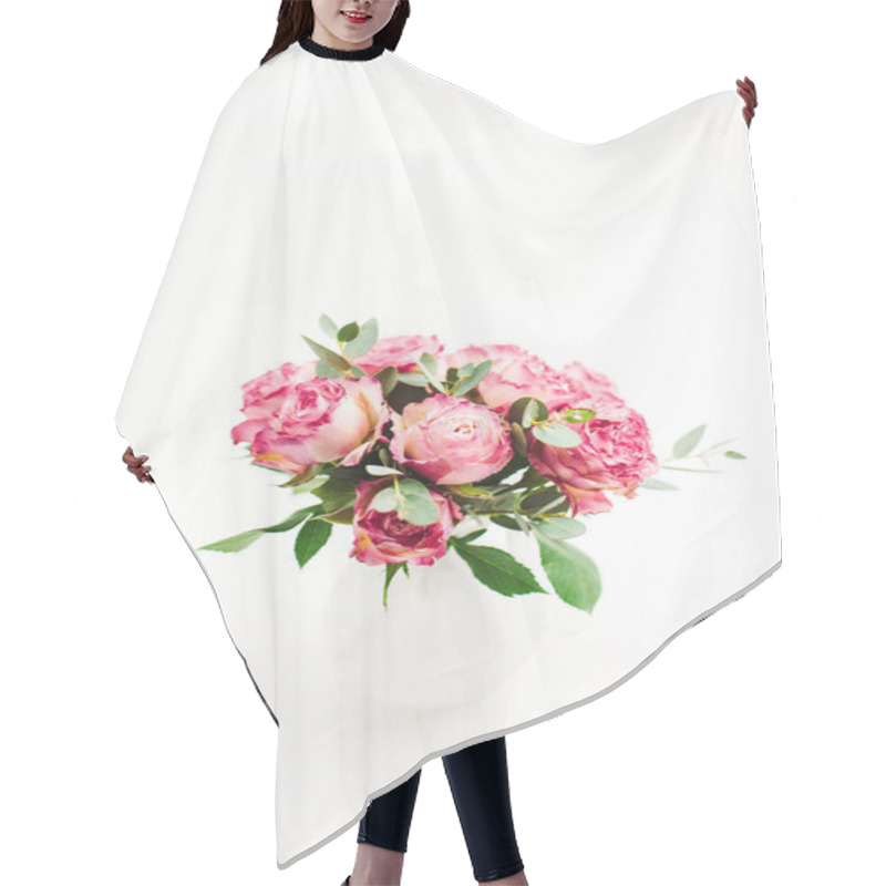 Personality  Pink Rose Flowers Bouquet On White Background. Minimal Festive Flower Concept. Hair Cutting Cape