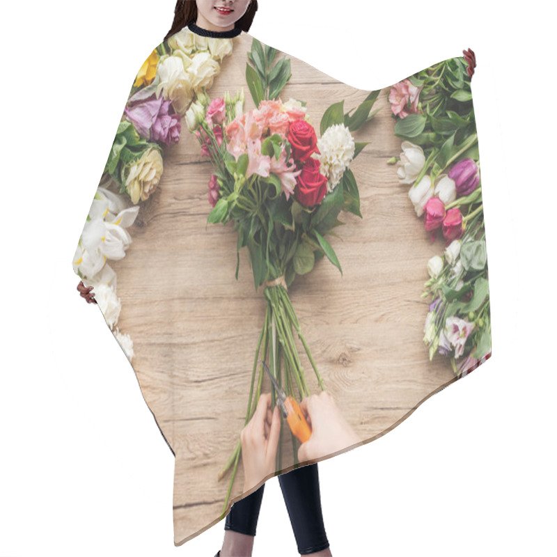 Personality  Partial View Of Florist Prunning Flower Stalks On Wooden Surface Hair Cutting Cape