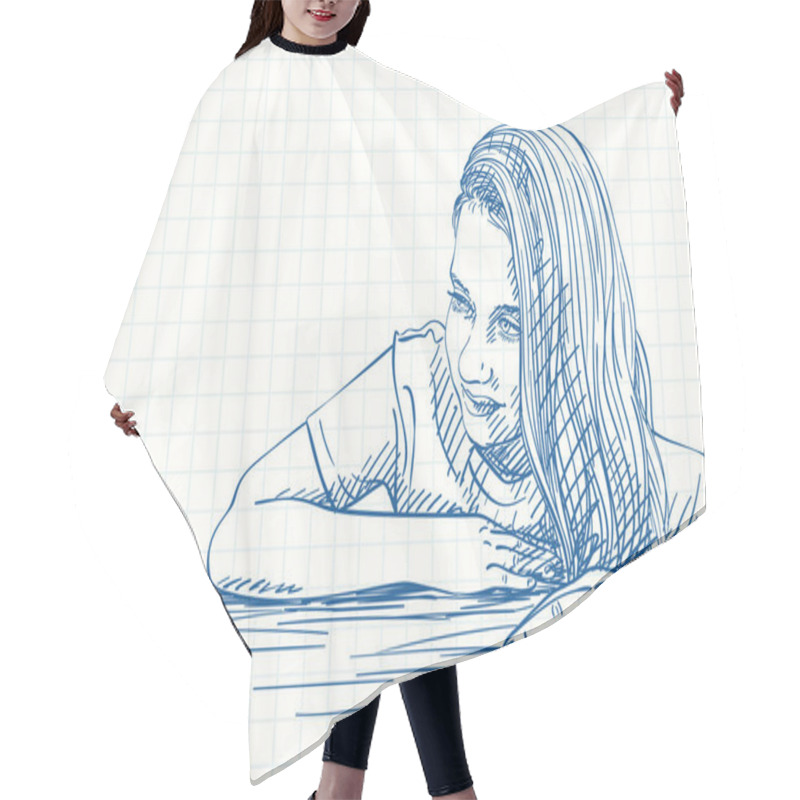 Personality  Beautiful Shy Preteen Girl Portrait With Long Hair On One Side Sitting Behind Desk, Blue Pen Sketch On Square Grid Notebook Page, Hand Drawn Vector Illustration Hair Cutting Cape