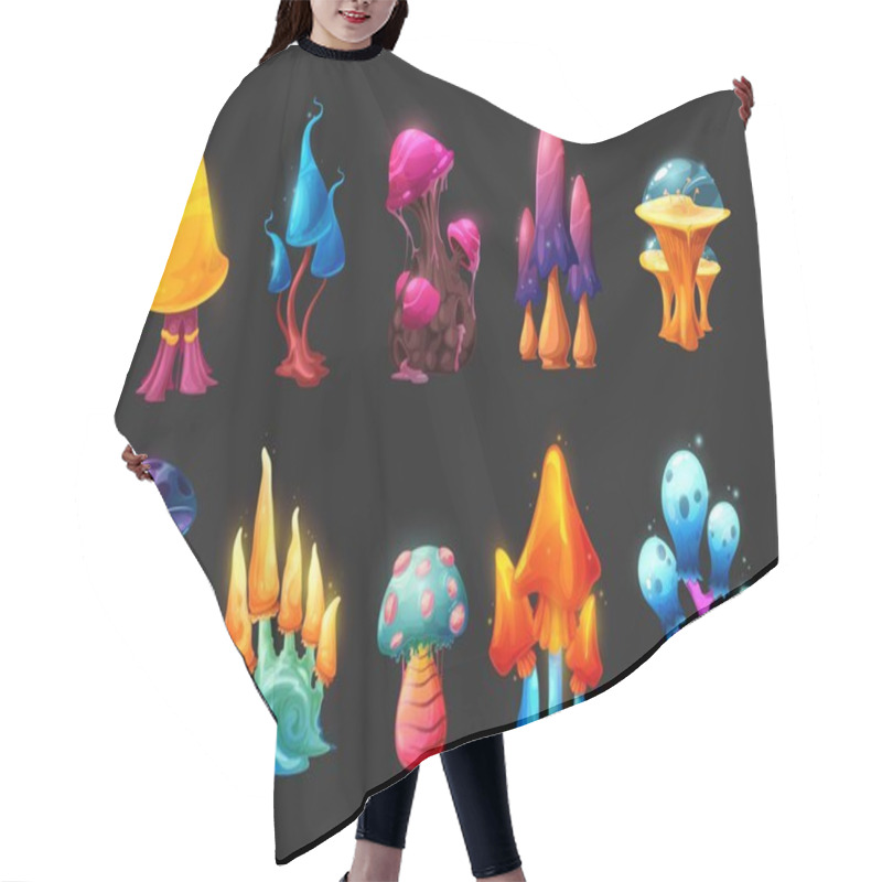 Personality  Magic And Fairy Mushrooms, Vector Fantasy Game Asset. UI Or GUI Design. Alien Planet Fairytale Forest Or Fantastic Isolated Fungus Plants, Neon Glowing Mushrooms With Bright Caps And Stalks Hair Cutting Cape