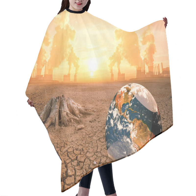 Personality  Conceptual Image Depicting Global Warming, Deforestation, And Pollution With A Cracked Ground, Industrial Emissions, And The Earth. Hair Cutting Cape