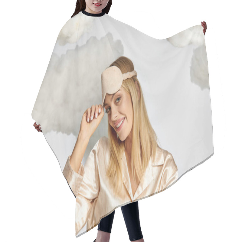 Personality  Blonde Woman Surrounded By Fluffy Clouds. Hair Cutting Cape