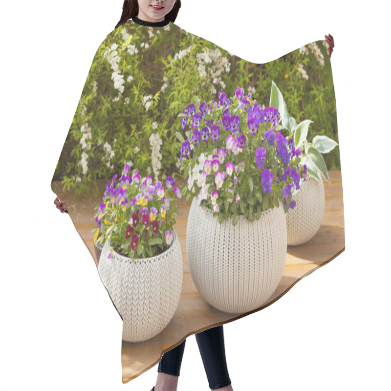 Personality  Beautiful Pansy Summer Flowers In Flowerpots In Garden Hair Cutting Cape