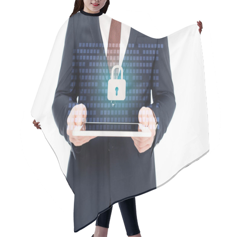 Personality  Partial View Of Businessman Holding Digital Tablet In Hands With Internet Security Icon Above Hair Cutting Cape