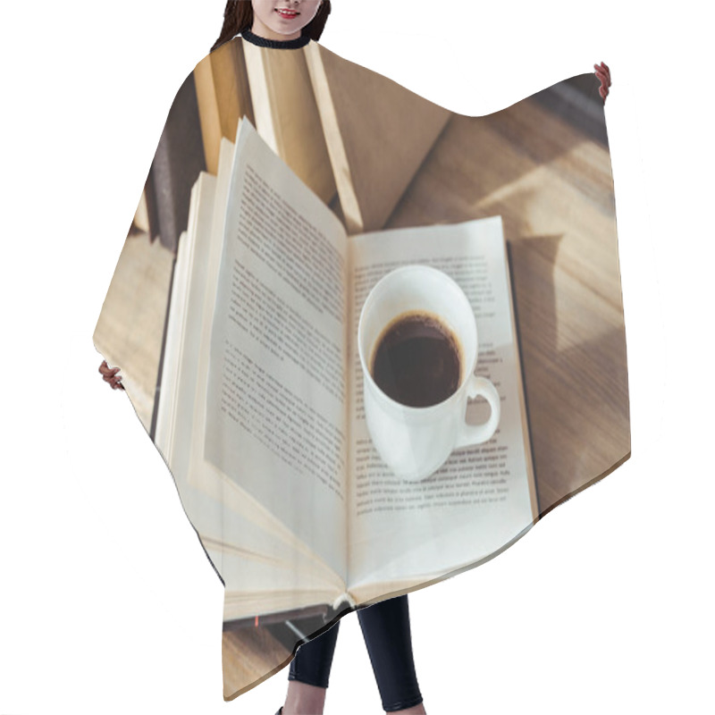 Personality  Close Up Of Open Book With Cup Of Coffee On Bookshelf Hair Cutting Cape