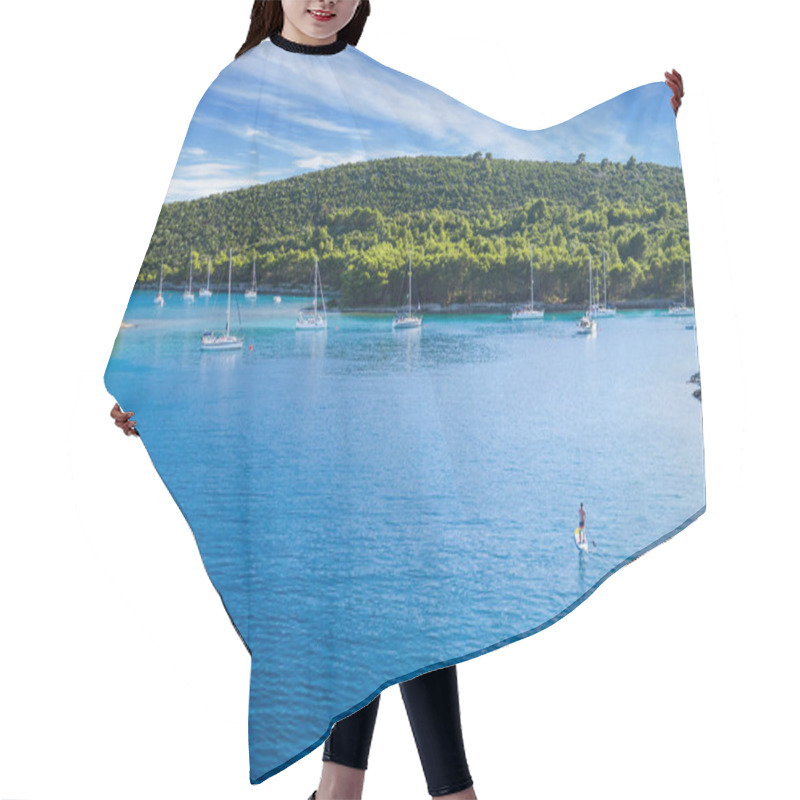 Personality  Aerial View Of Young Man Riding Paddleboard. Sailing Boats On Background. Paddleboarding Is The Modern Way Of Transportation And Water Activity Sport. Hair Cutting Cape