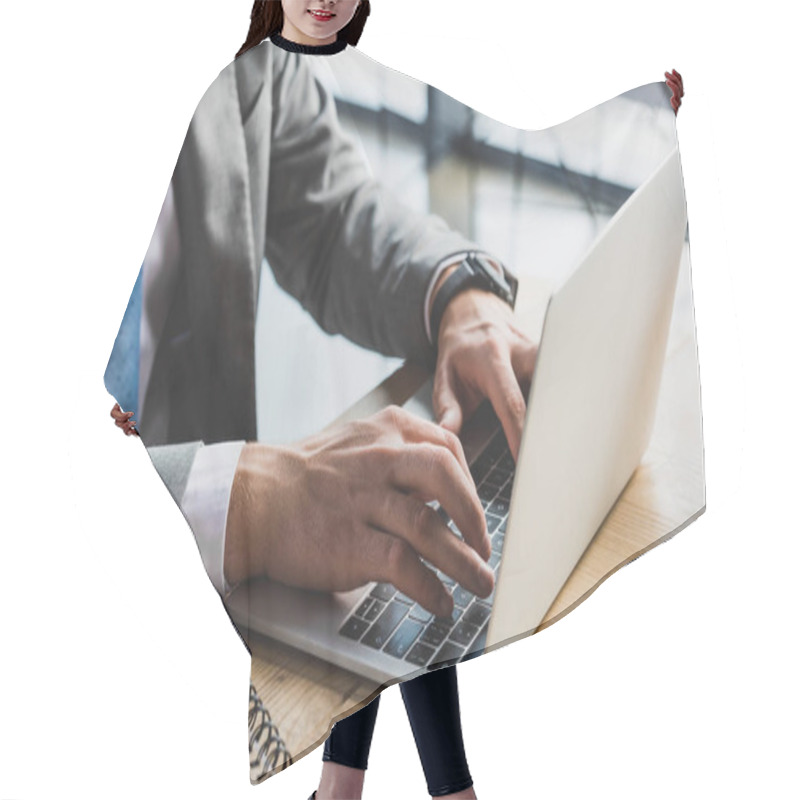 Personality  Close-up Partial View Of Businessman Typing On Laptop At Workplace Hair Cutting Cape