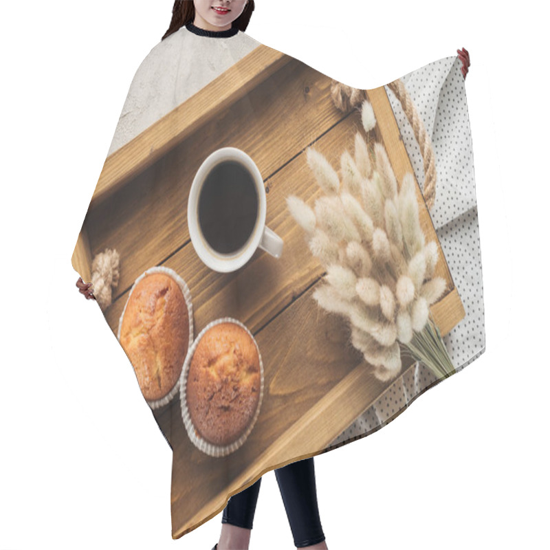 Personality  Top View Of Cup Of Coffee With Muffins And Lagurus Ovatus Bouquet On Concrete Surface Hair Cutting Cape