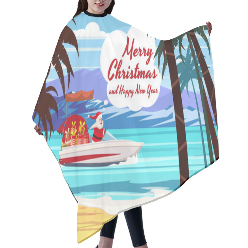 Personality  Merry Christmas Santa Claus On Speed Boat On Ocean Sea Tropical Island Palms Mountains Seaside. Vector Illustration Isolated Cartoon Style Hair Cutting Cape