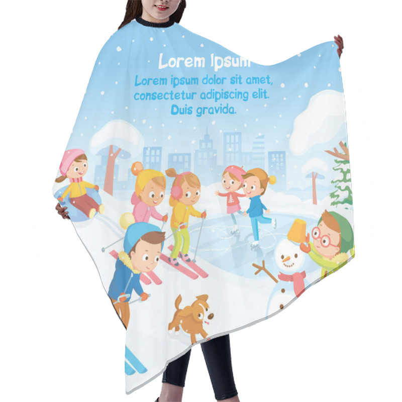 Personality  Vector Winter Scene With Kids Children Making Building Snowman,skating On Frozen Pond,skiing Riding On Down Hill And Sliding Down Hill On Tubes In Snowy Park,forest During Snowfall With City Landscape Hair Cutting Cape