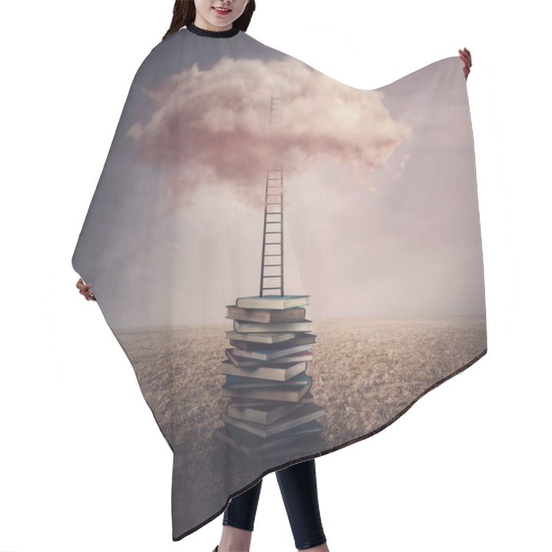 Personality  Surreal Landscape, Conceptual Scene With A Books Pile In The Middle Of An Open Meadow, And A Ladder Or Stairway Leading Up To A Pink Cloud In The Sky. Fantasy World, Adventure In Search Of Knowledge Hair Cutting Cape