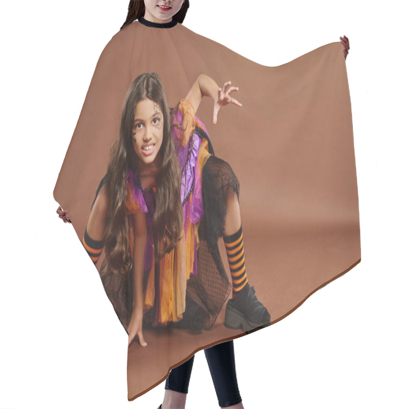 Personality  Spooky Girl In Halloween Witch Costume Growling And Gesturing On Brown Backdrop, October 31 Hair Cutting Cape