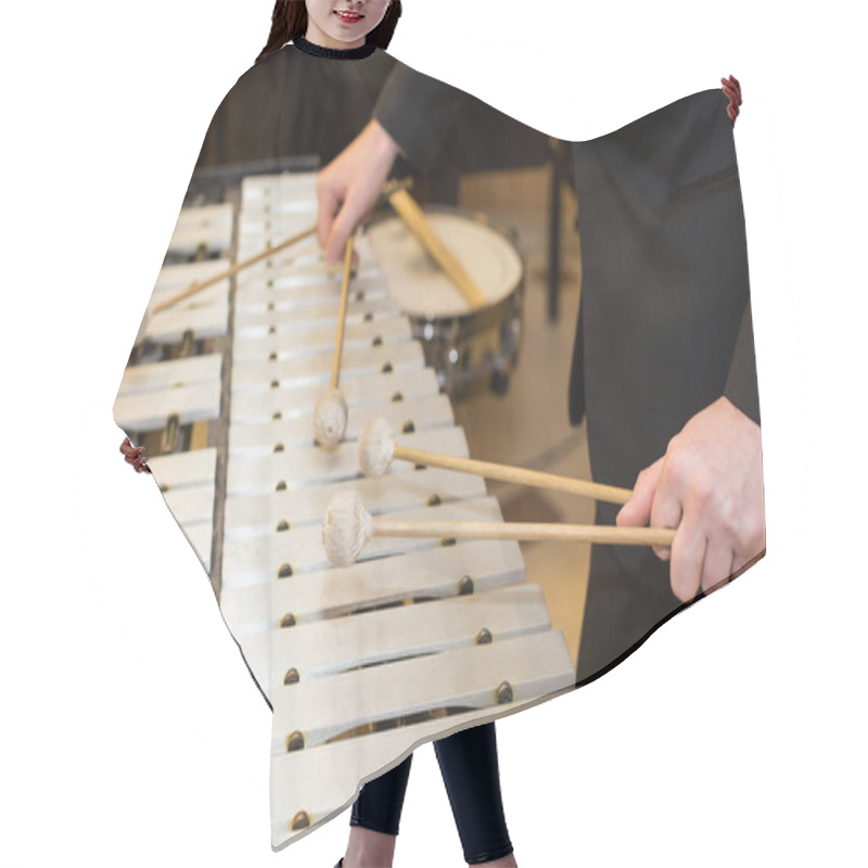 Personality  Xylophone In Orchestra, Playing Percussion Instruments Concept - Closeup On Wooden Bars With Four Mallets In Human Hands, Performer In Black Dress, Glockenspiel, Art Of Music, Selective Focus. Hair Cutting Cape