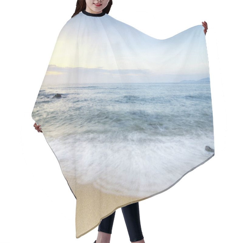 Personality  Travel And Vacation Concept Background, Beautiful Tropical Beach Sunrise Sea View. Soft Wave Hitting Sandy Beach Hair Cutting Cape