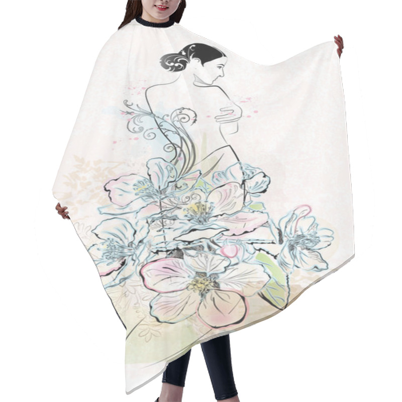 Personality  Freehand Sketch Of Beautiful Girl With Flowers In Art Nouveau St Hair Cutting Cape