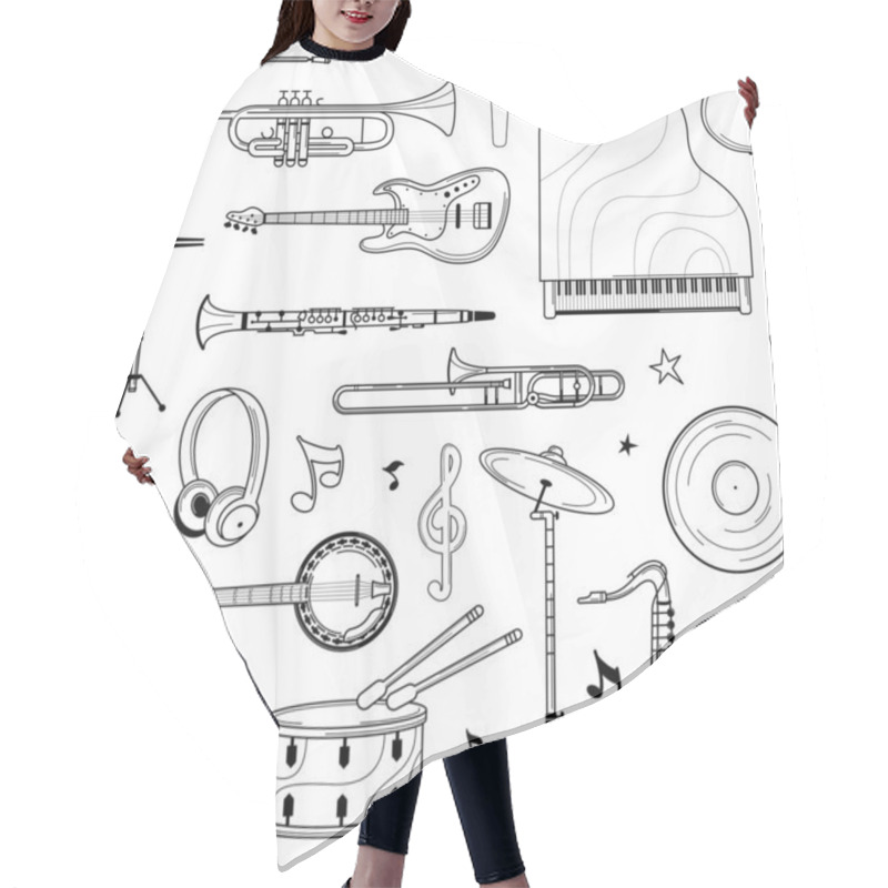 Personality  Musical Instruments Hand Drawn Outline Seamless Pattern. Piano, Drum Line Art Texture. Black Contour Percussion, Strumming Instruments On White Background. Jazz Performance Wallpaper Design Hair Cutting Cape