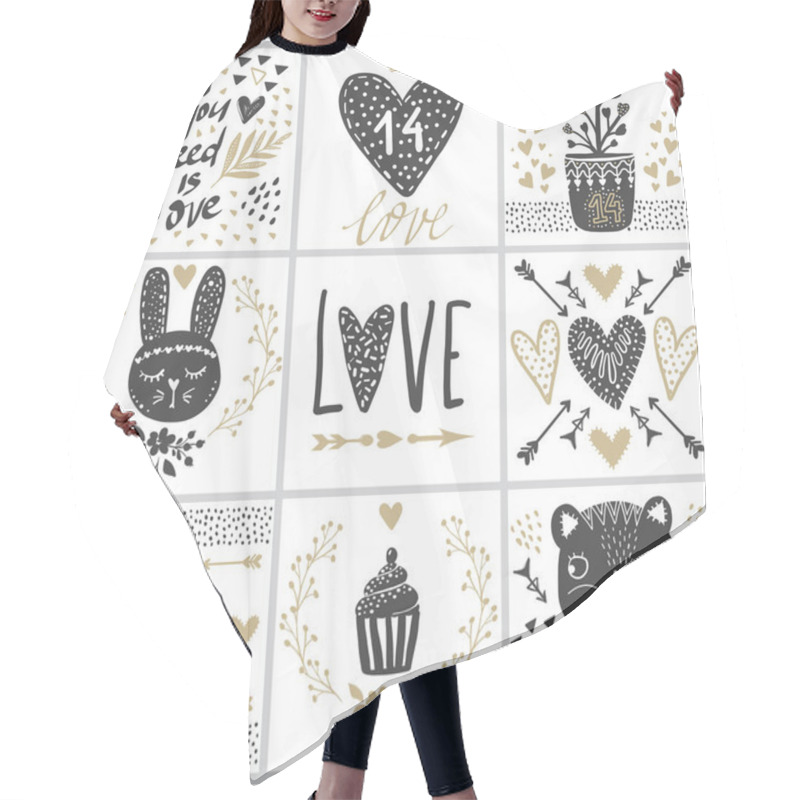 Personality  Set With Vector Greeting Cards On Valentines Day. Hair Cutting Cape