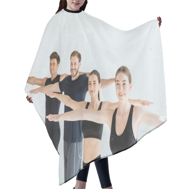 Personality  Smiling Young People In Sportswear Practicing Yoga In Mountain Open Arm Pose Hair Cutting Cape