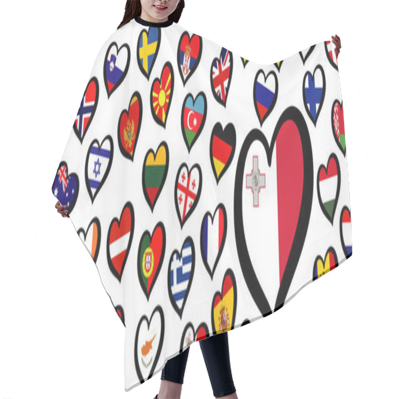 Personality  Malta Flag And Different Countries Flags With Heart Flags Logo. For Europe, Eurovision Music Song Festival, Contest. Music Songs For Vision Dreams. Vector Euro TV Icon Pattern.  Hair Cutting Cape