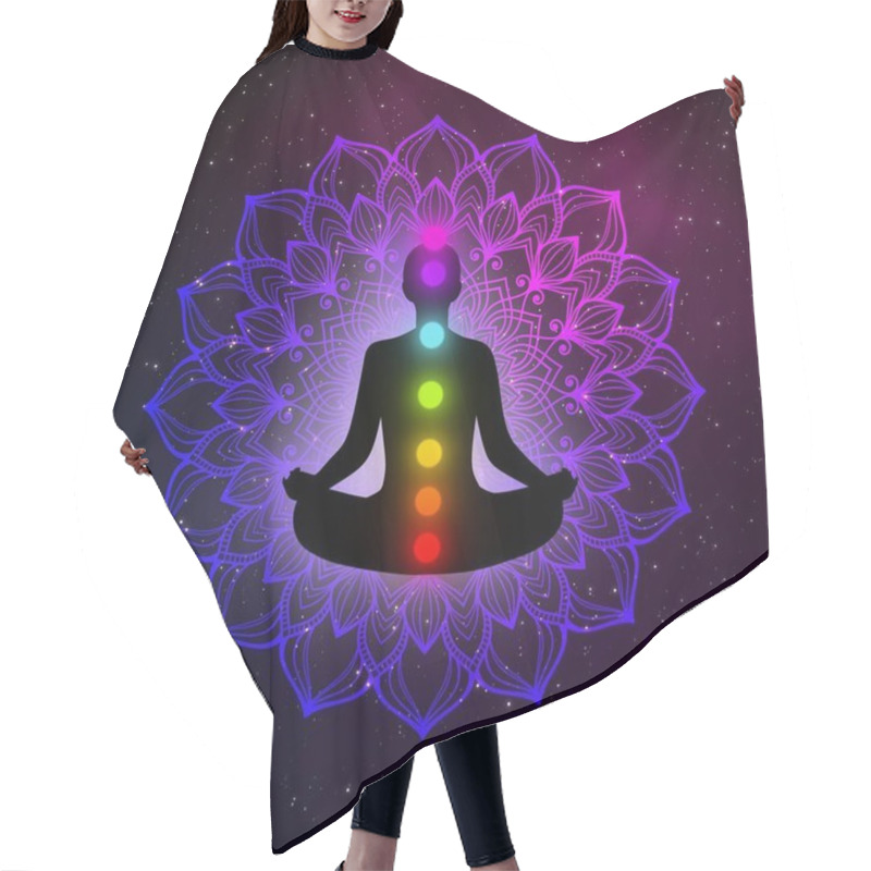 Personality  Abstract Meditation Man With Chakras And Golden Mandala In The Galaxy Illustration Design Background. Hair Cutting Cape