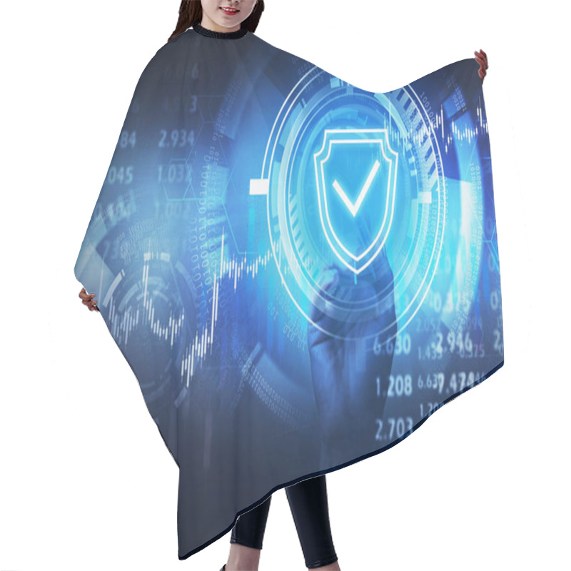 Personality  Hand Of Businesswoman Using Immersive HUD Cyber Security Interface Over Blurry Dark Blue Background. Concept Of Data Protection. Toned Image Double Exposure Hair Cutting Cape