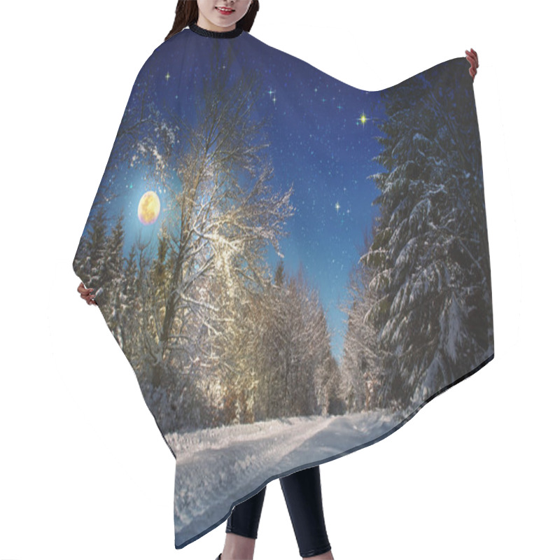 Personality  Christmas Background With Stars And Big Moon In Winter Forest. Hair Cutting Cape