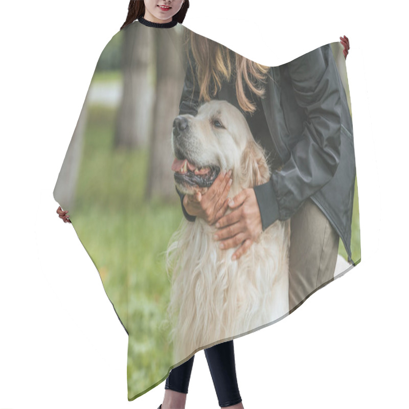 Personality  Cropped Shot Of Girl Hugging Cute Funny Dog In Park Hair Cutting Cape