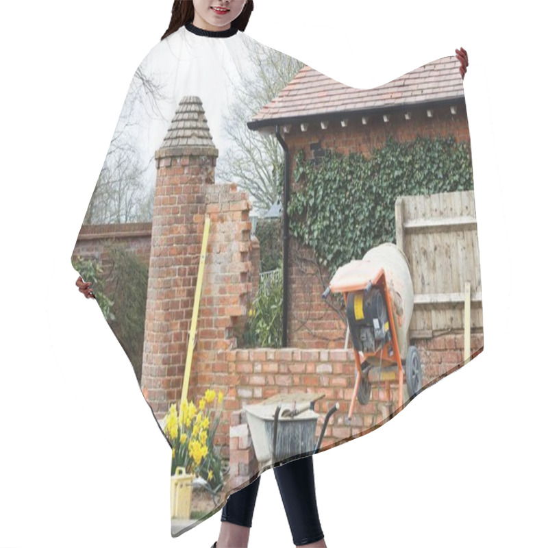 Personality  Construction Work With Tools And Cement Mixer, Building A Brick Garden Wall Outside A UK House Hair Cutting Cape