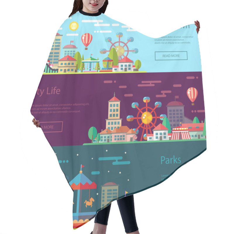 Personality  Modern Flat Design Conceptual City Illustration With Carousels Hair Cutting Cape