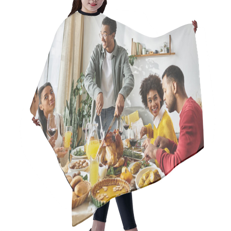 Personality  A Group Of Friends Celebrates Thanksgiving With A Festive Meal And Great Company. Hair Cutting Cape