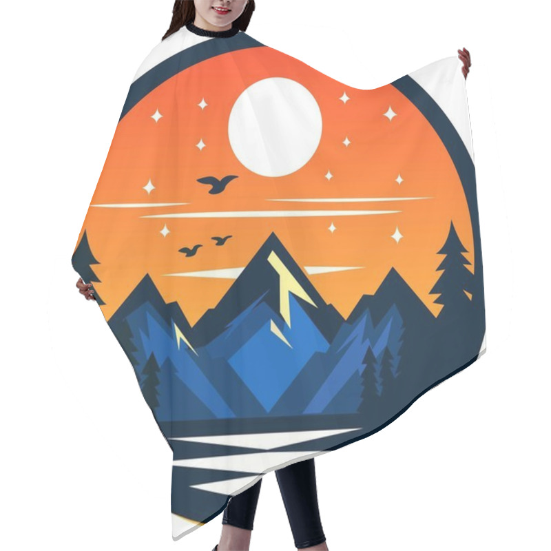 Personality  A Circular Illustration Of A Sunset Sky, Dark Blue Mountains, And A Calm Lake With Pine Trees And Flying Birds. Hair Cutting Cape