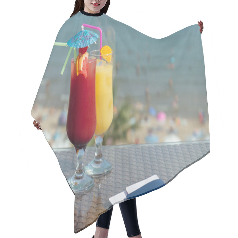 Personality  Glasses Of Cocktails And Passports With Air Tickets On Table With Beach At Background Hair Cutting Cape