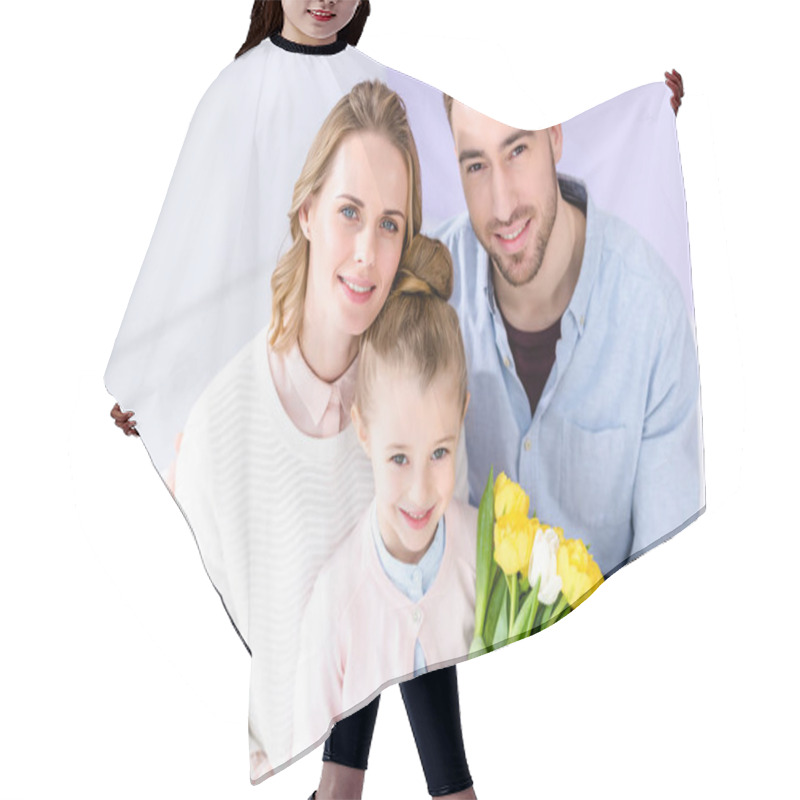 Personality  Adorable Child And Parents Holding Bouquet Of Tulips On 8 March Hair Cutting Cape