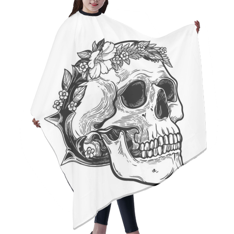 Personality  Romantic Skull With Wreath Of Flowers And Thorns. Hair Cutting Cape