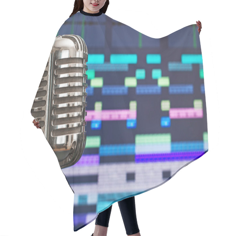 Personality  Retro Microphone Over Recording Software Background. Hair Cutting Cape