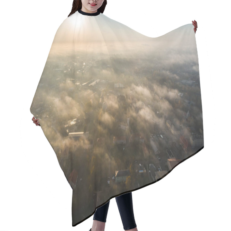 Personality  Aerial View Of Beautiful Sunrise Over The City. City In Fog, Misty Landscape.  Hair Cutting Cape